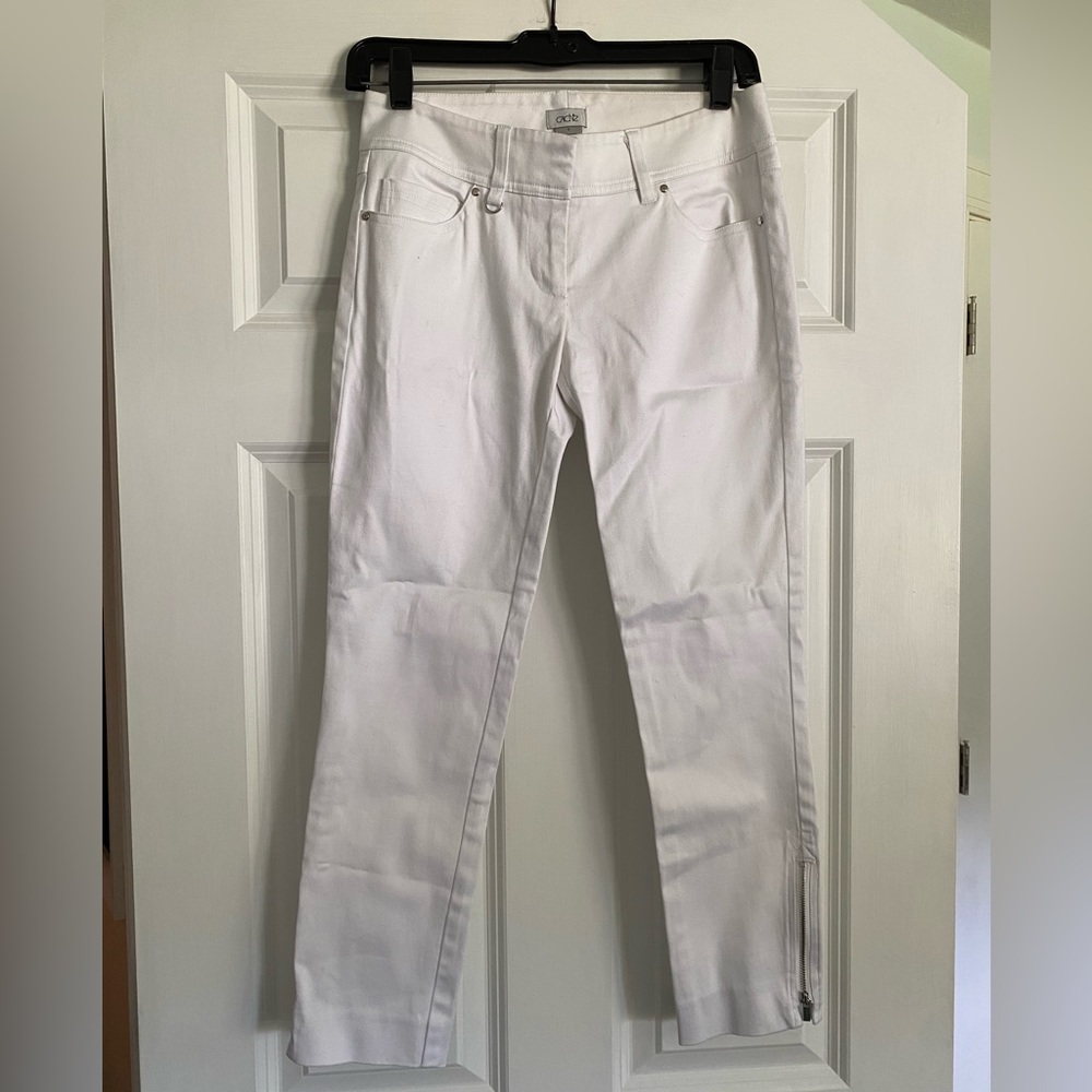 Cache Y2K white twill stretch skinny pants Sz 0 low rise zippered hem cropped